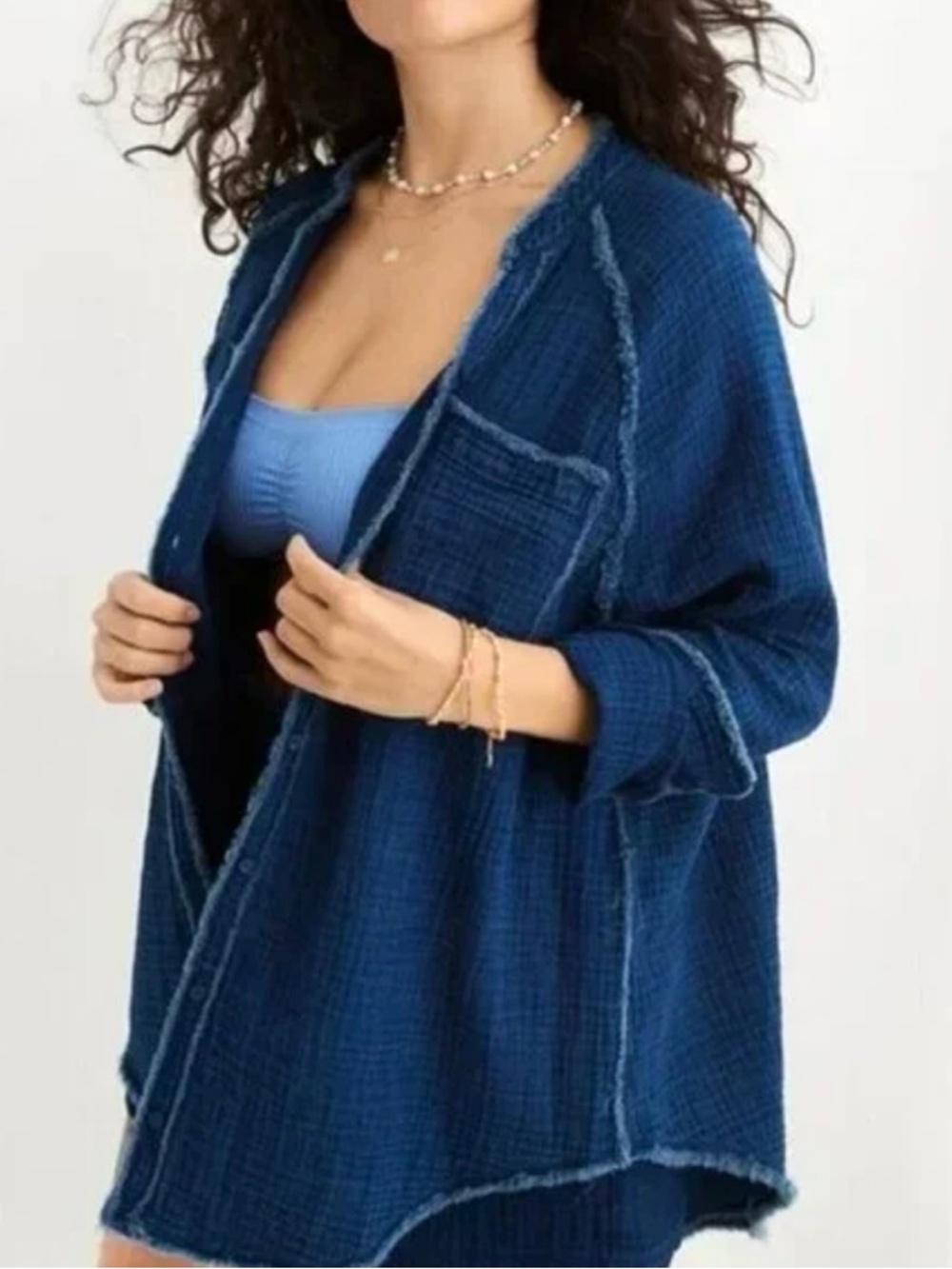 Aerie Pool To Party Indigo Blue Gauzy Oversized Button Down Cover Up Top